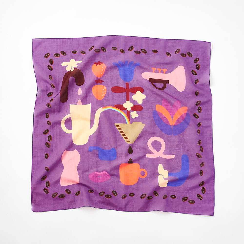 Japanese Printed Silk Cotton 'The Taste of Coffee' P スカーフリング付きミニスカーフ