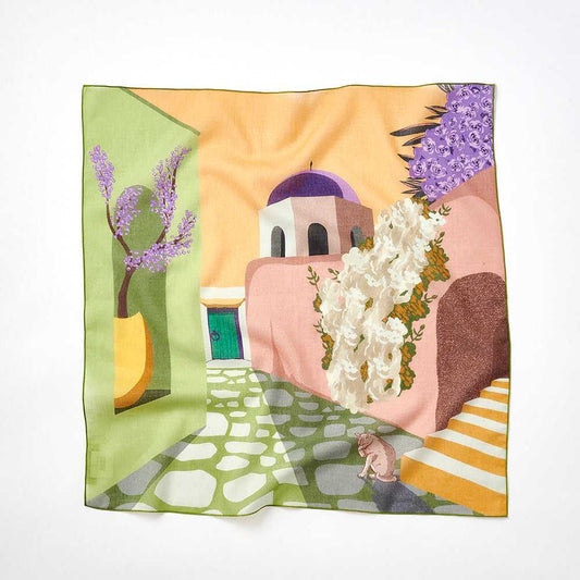 5月再入荷予定!Japanese Printed Organic cotton 'Santorini' yellow リング付きミニスカーフ