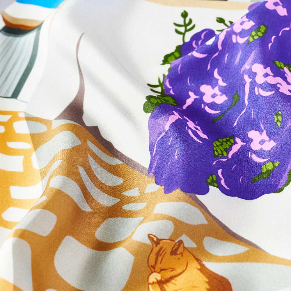 Japanese Printed Silk 'Santorini' blue リング付きミニスカーフ
