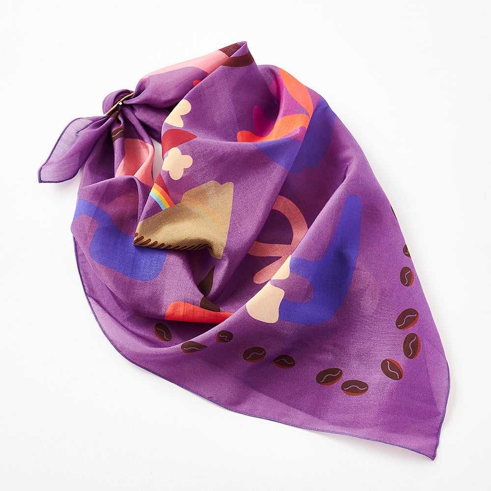 Japanese Printed Silk Cotton 'The Taste of Coffee' P スカーフリング付きミニスカーフ
