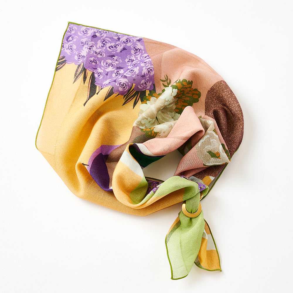 5月再入荷予定!Japanese Printed Organic cotton 'Santorini' yellow リング付きミニスカーフ