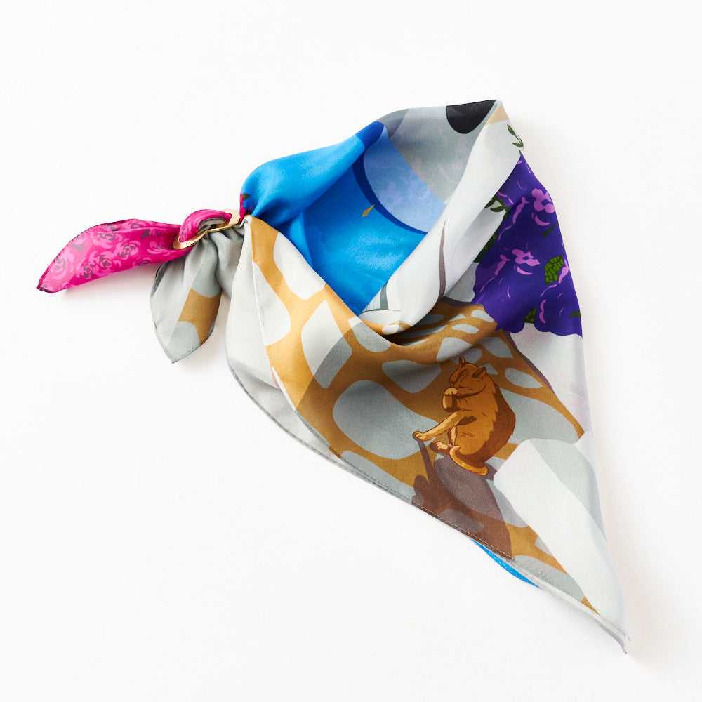 Japanese Printed Silk 'Santorini' blue リング付きミニスカーフ