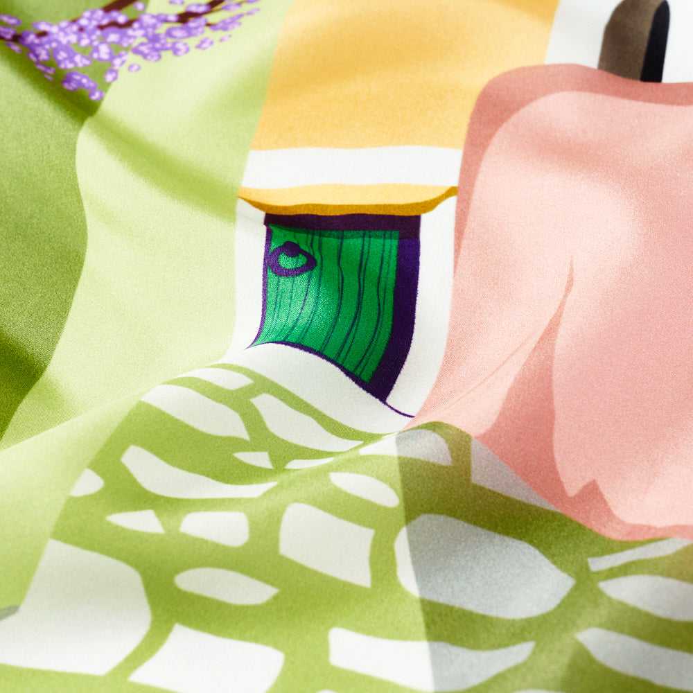 Japanese Printed Silk 'Santorini' sunny yellow リング付きミニスカーフ