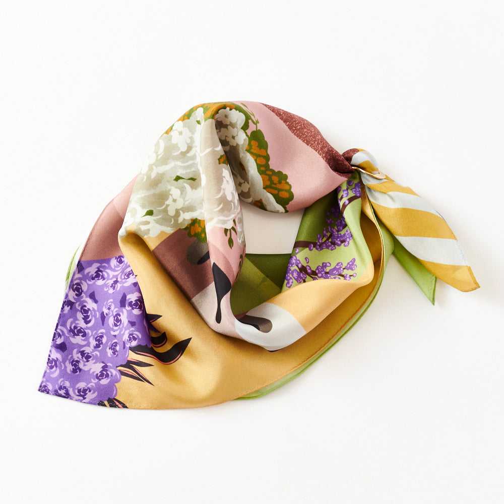 Japanese Printed Silk 'Santorini' sunny yellow リング付きミニスカーフ