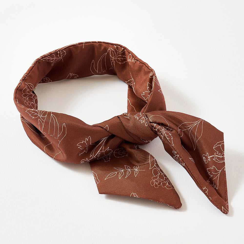 Japanese Printed Silk 'Bouquet' chocolate ヘッドスカーフ/ミニスカーフ