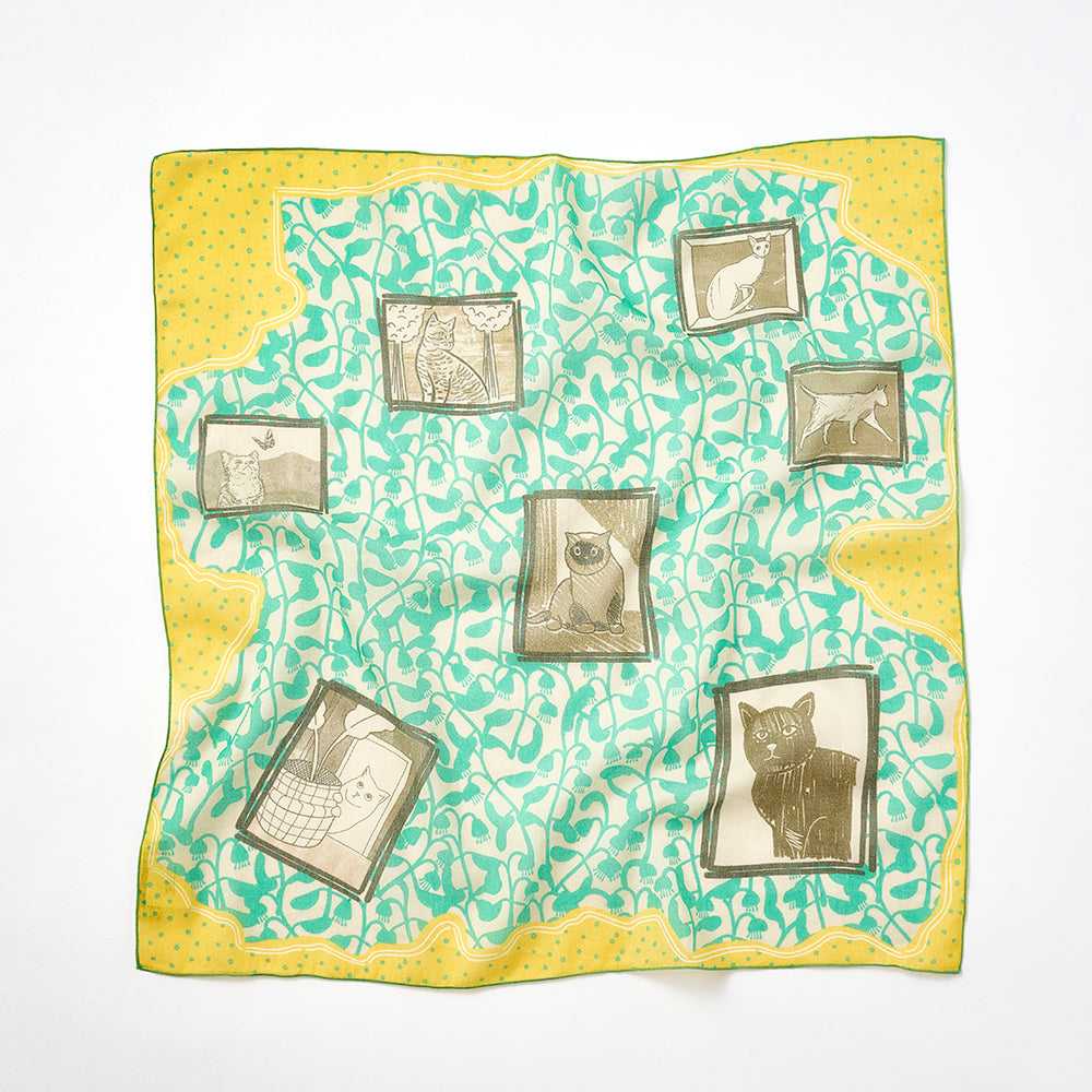 Japanese Printed Organic cotton 'Cat Portraits' mint リング付きミニスカーフ