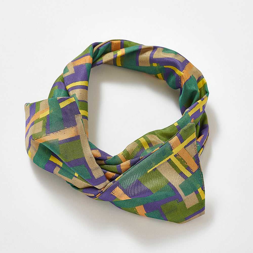 Japanese Printed Silk 'Edgware oxford' green ヘッドスカーフ/ミニスカーフ