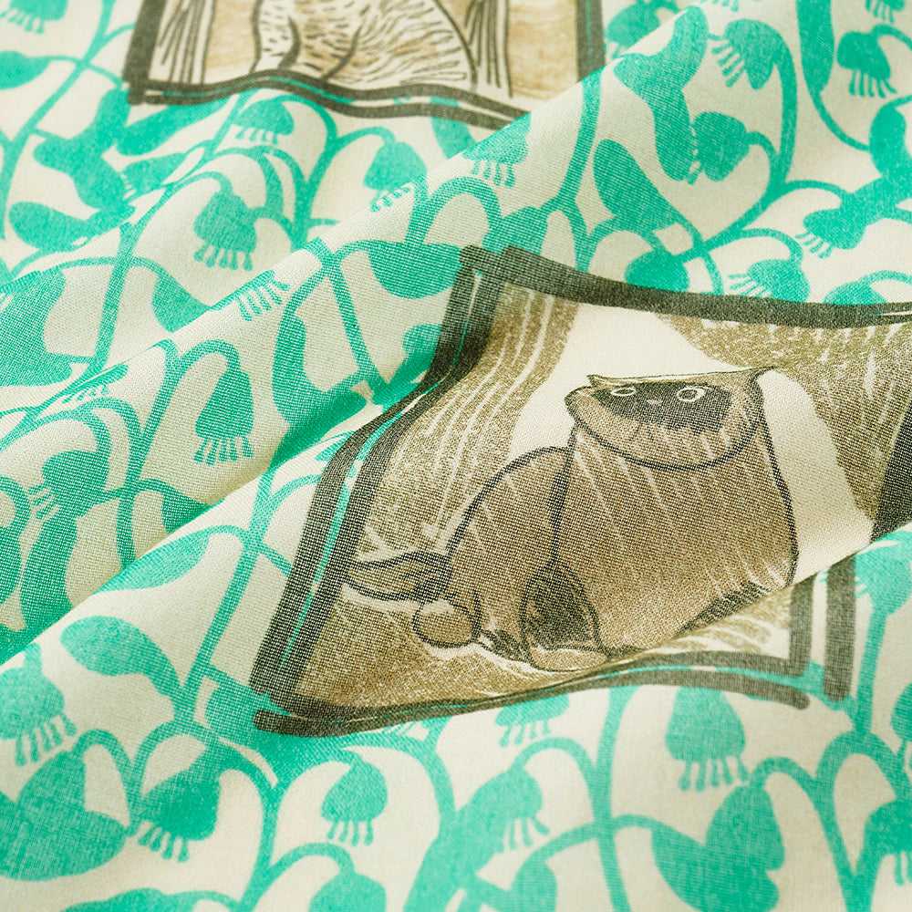 Japanese Printed Organic cotton 'Cat Portraits' mint リング付きミニスカーフ