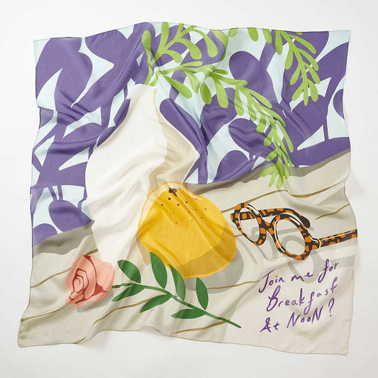 Japanese Printed Silk 'Breakfast At Noon' Orange/Blue  大判スカーフ