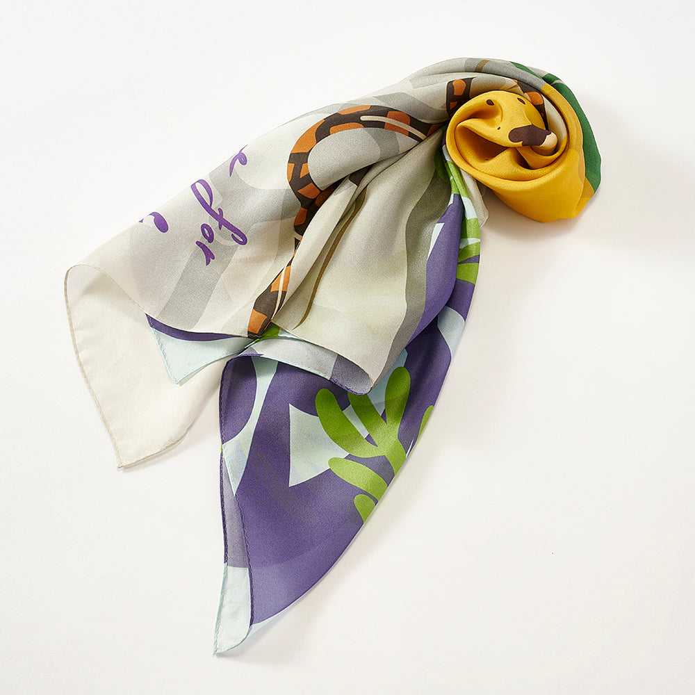 Japanese Printed Silk 'Breakfast At Noon' Orange/Blue  大判スカーフ
