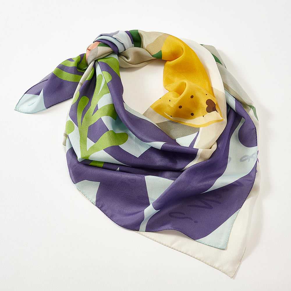Japanese Printed Silk 'Breakfast At Noon' Orange/Blue  大判スカーフ