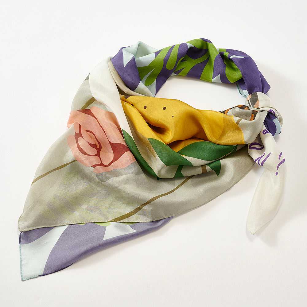 Japanese Printed Silk 'Breakfast At Noon' Orange/Blue  大判スカーフ