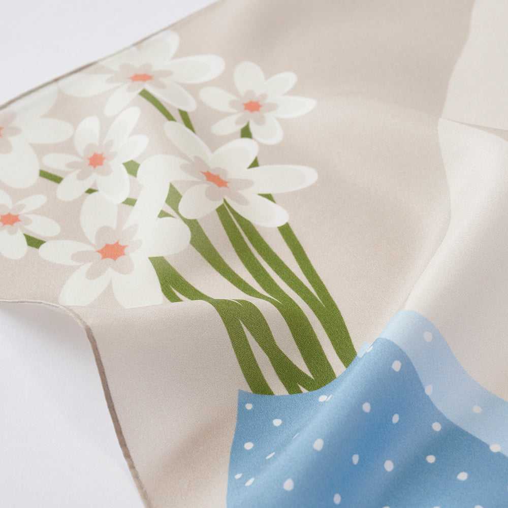 Japanese Printed Silk 'Morning Coffee' cream 大判スカーフ 90x90cm