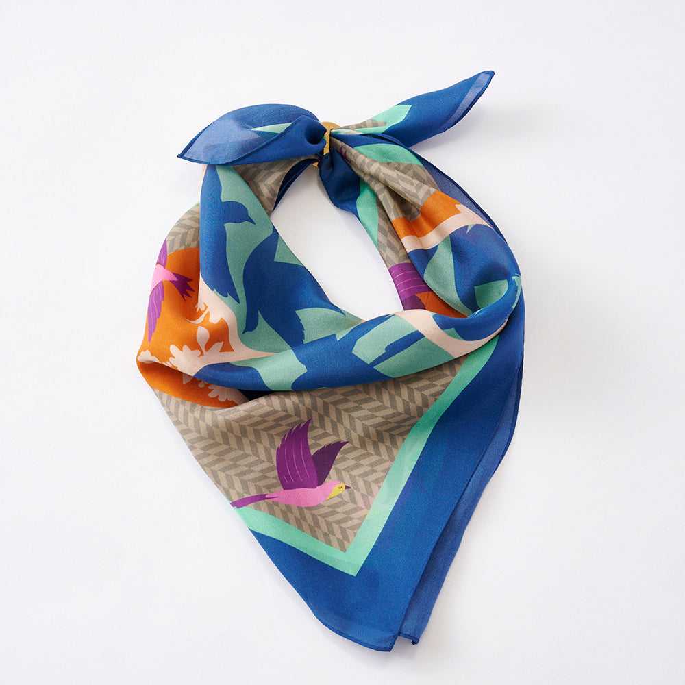 Japanese Printed Silk 'Call of the Nightingale' B.orange リング付きミニスカーフ