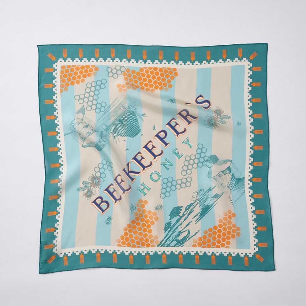 Japanese Printed Silk 'Beekeeper`s Honey' green リング付きミニスカーフ