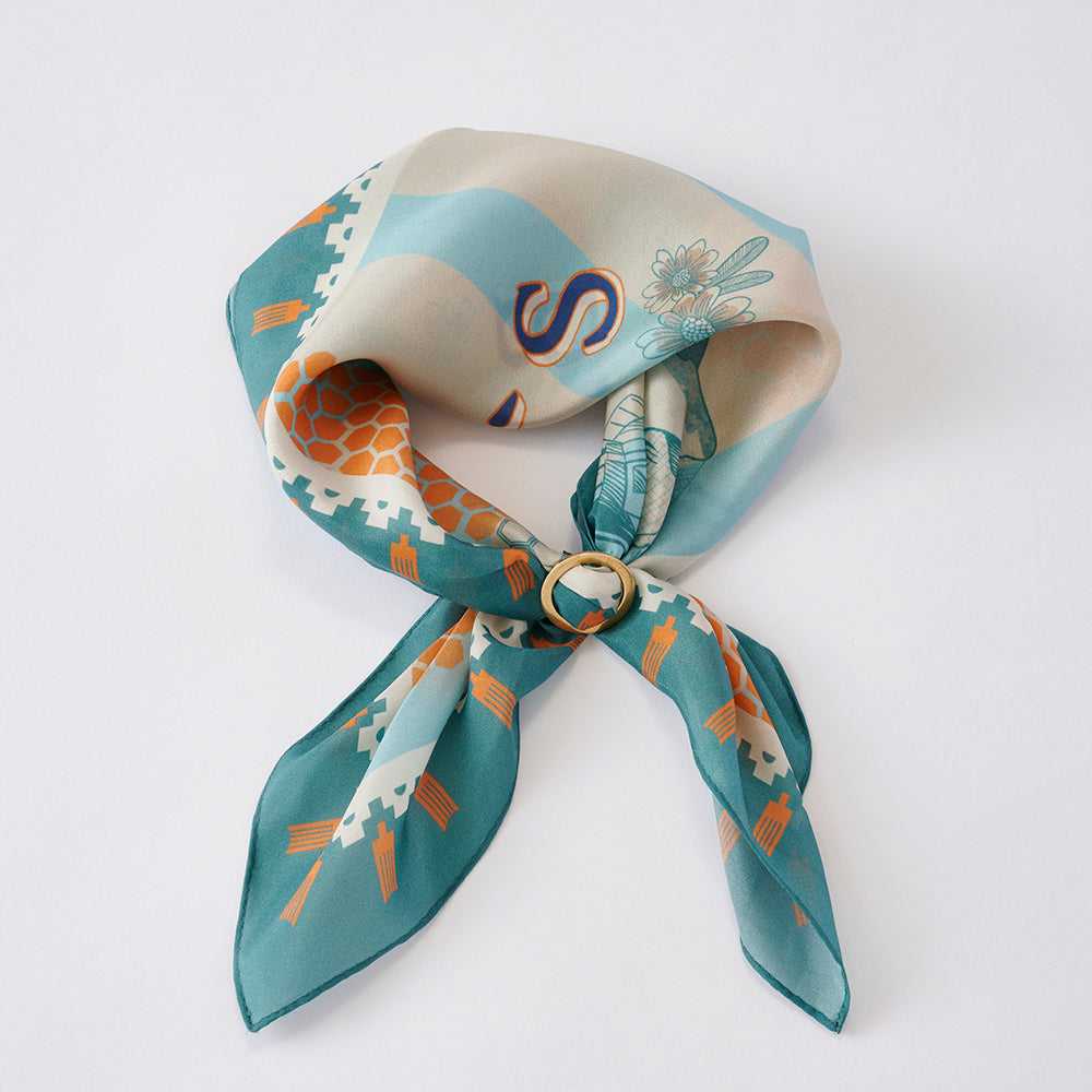 Japanese Printed Silk 'Beekeeper`s Honey' green リング付きミニスカーフ