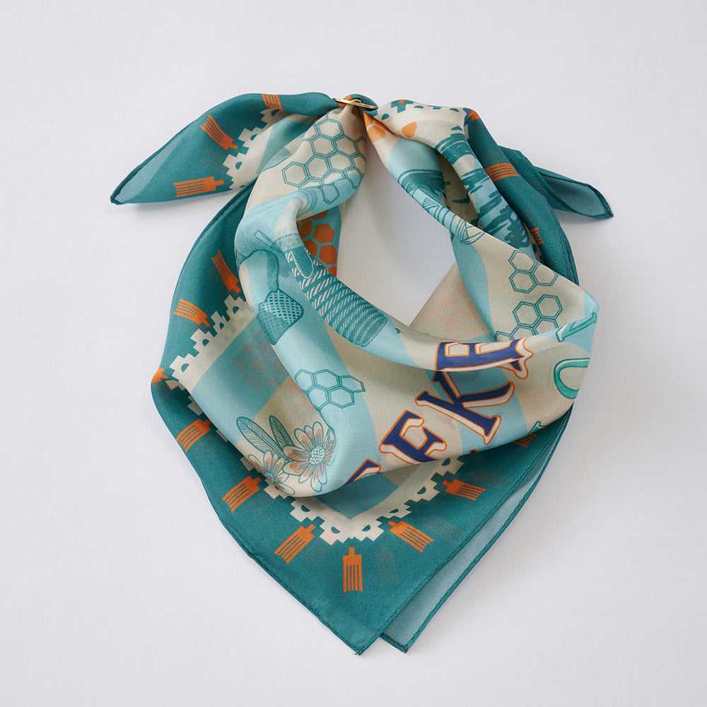 Japanese Printed Silk 'Beekeeper`s Honey' green リング付きミニスカーフ