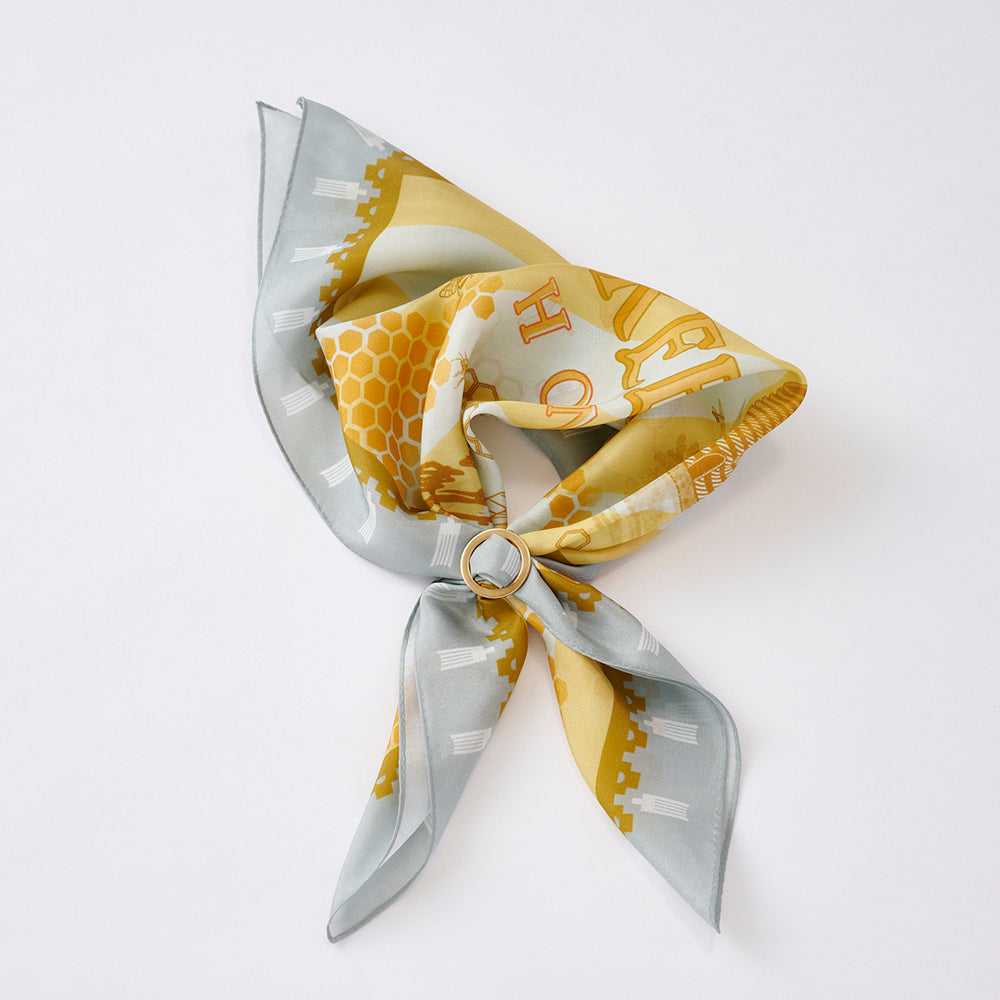 Japanese Printed Silk 'Beekeeper`s Honey' yellow リング付きミニスカーフ
