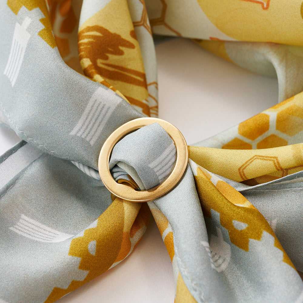 Japanese Printed Silk 'Beekeeper`s Honey' yellow リング付きミニスカーフ