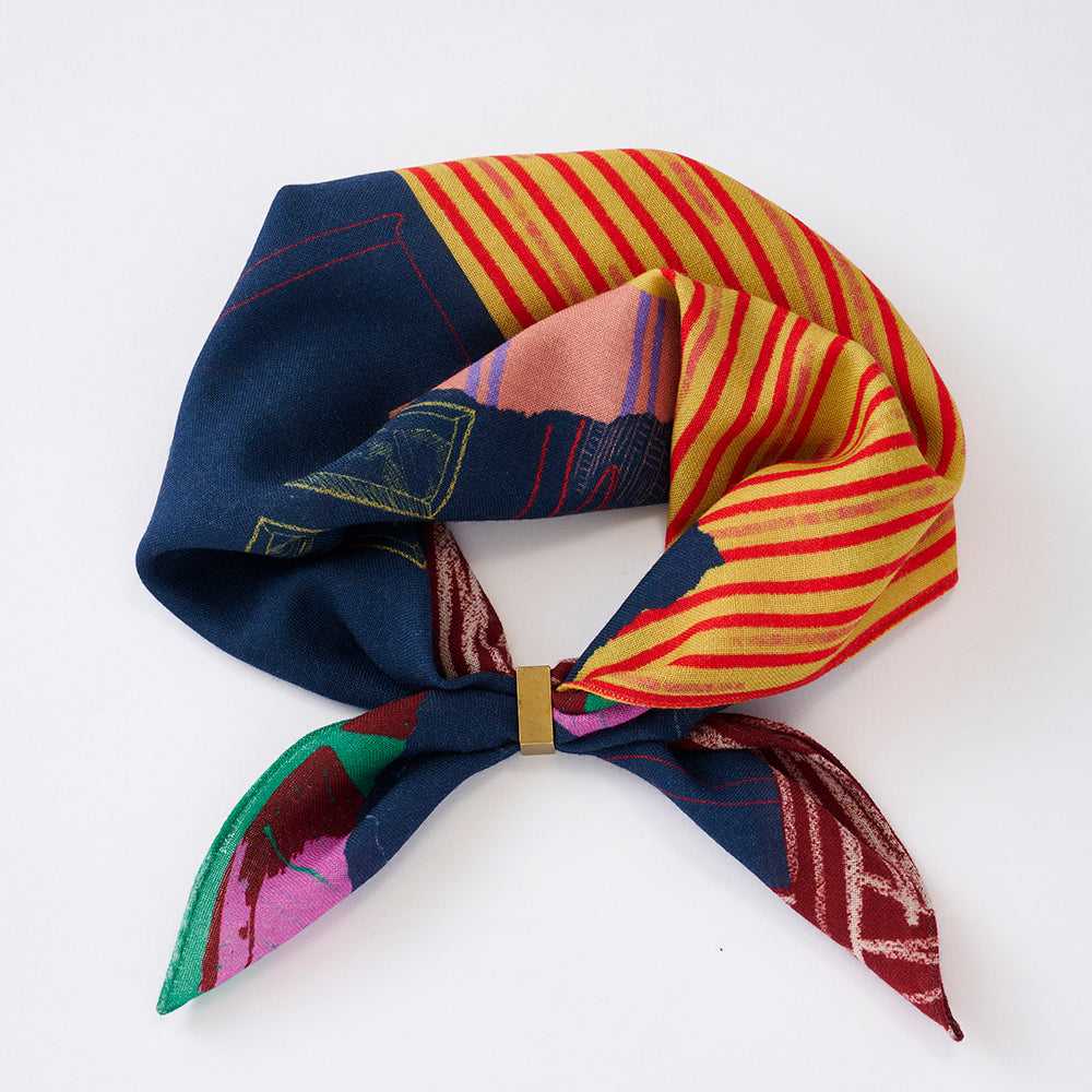Japanese Merino Wool 'London Gallery' navy/orange リング付きミニスカーフ