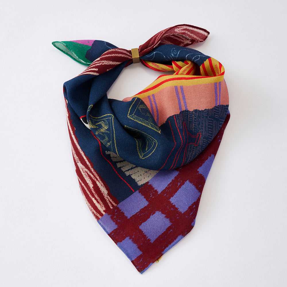 Japanese Merino Wool 'London Gallery' navy/orange リング付きミニスカーフ