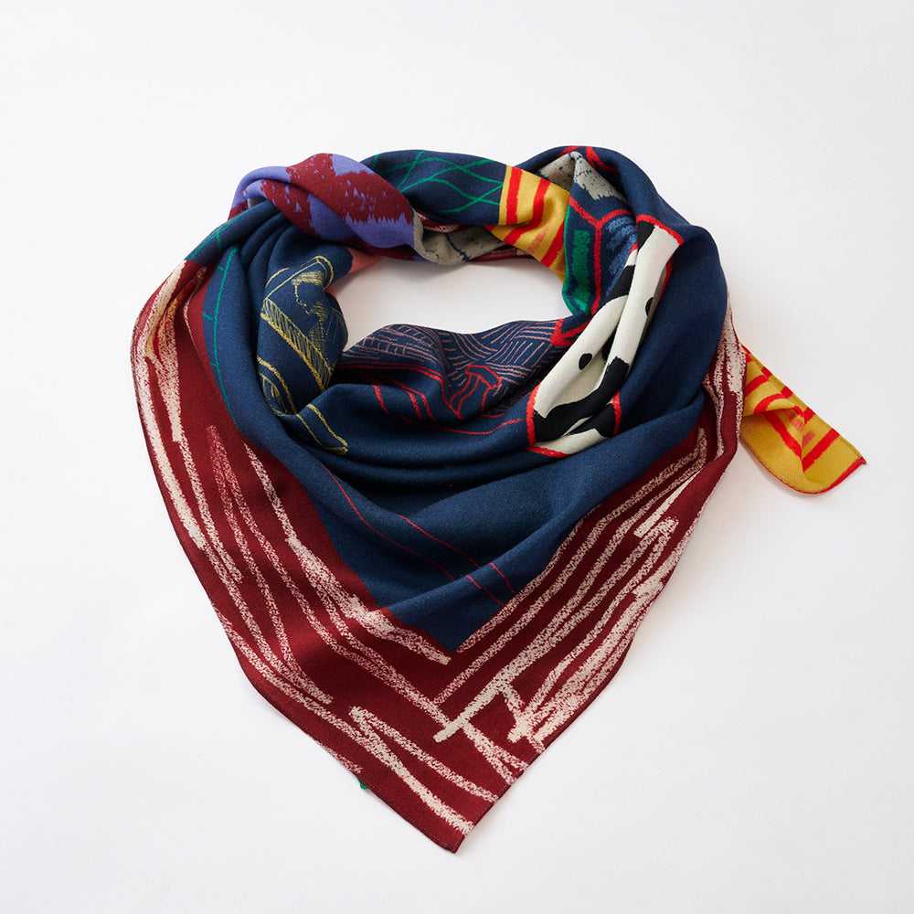 Japanese Merino Wool 'London Gallery' navy/orange 正方形スカーフ