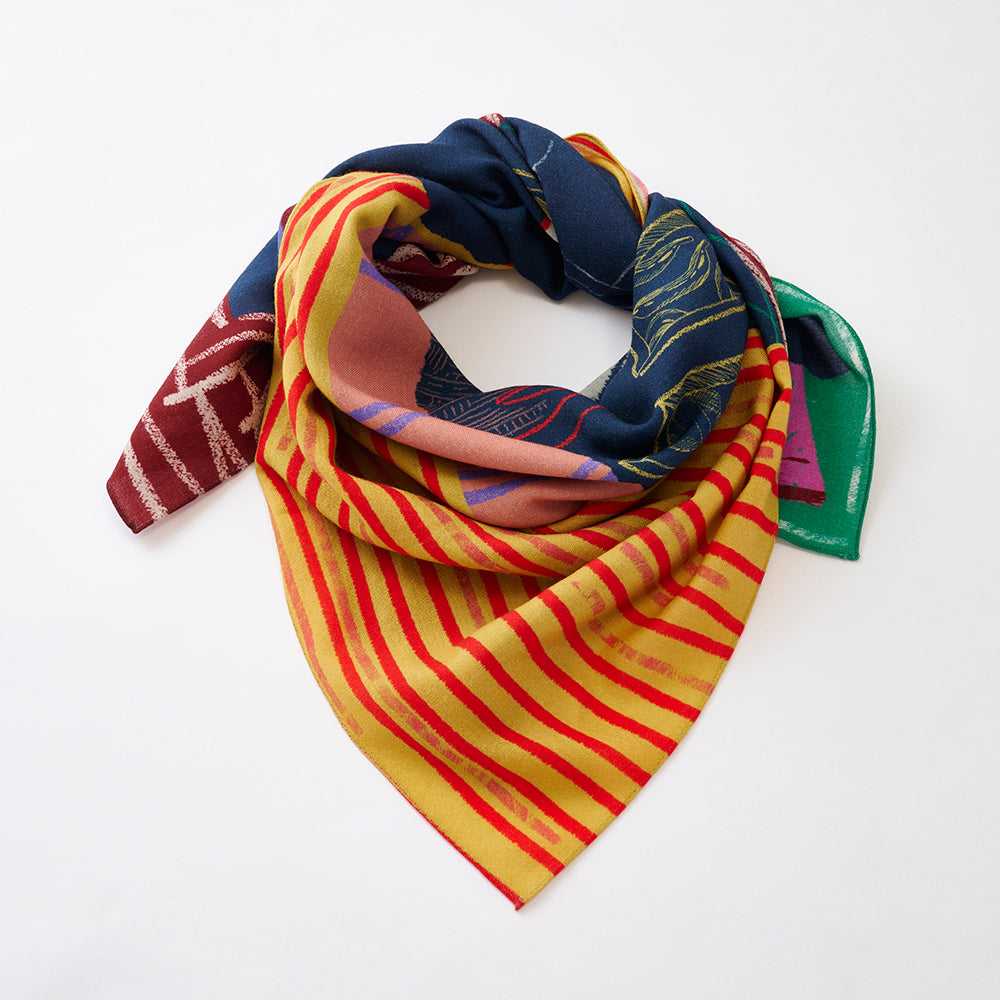 Japanese Merino Wool 'London Gallery' navy/orange 正方形スカーフ