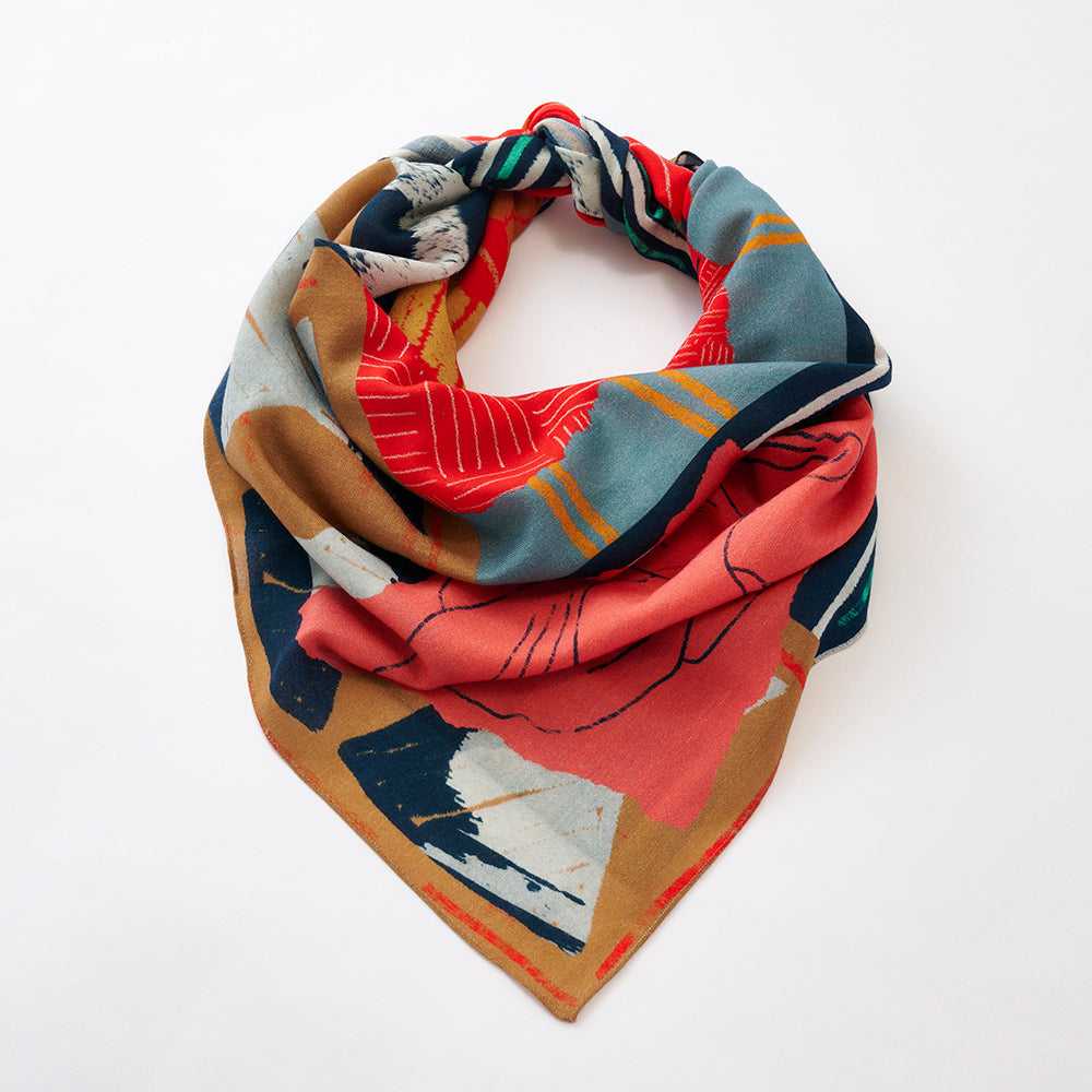 Japanese Merino Wool 'London Gallery' red/navy 正方形スカーフ