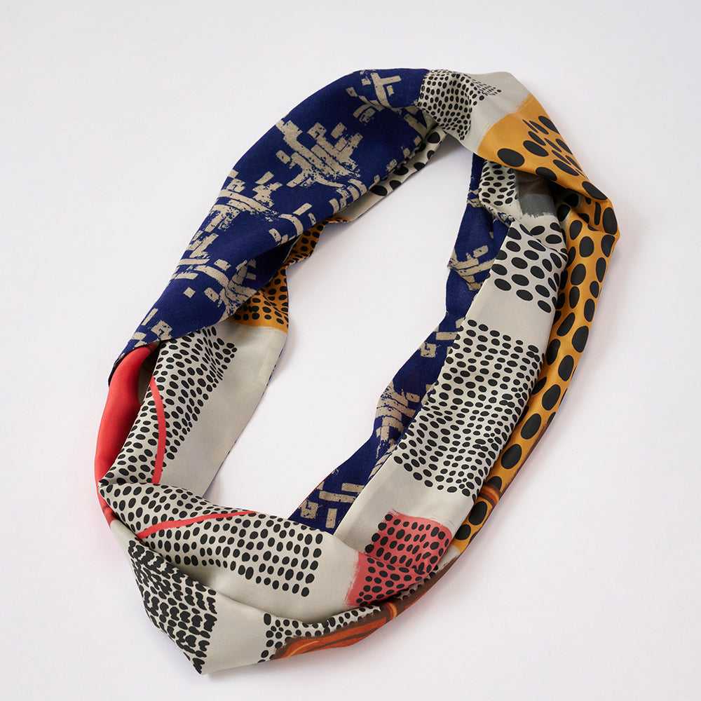 Japanese PrintedSilk&MerinoWool 'Weekend Journey' cream x blue ループスカーフ