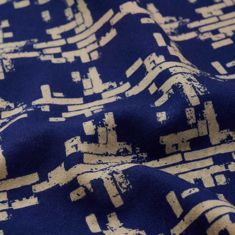 Japanese PrintedSilk&MerinoWool 'Weekend Journey' cream x blue ループスカーフ