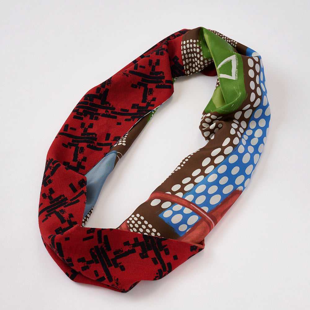 Japanese Printed Silk&MerinoWool 'Weekend Journey' brown x red ループスカーフ