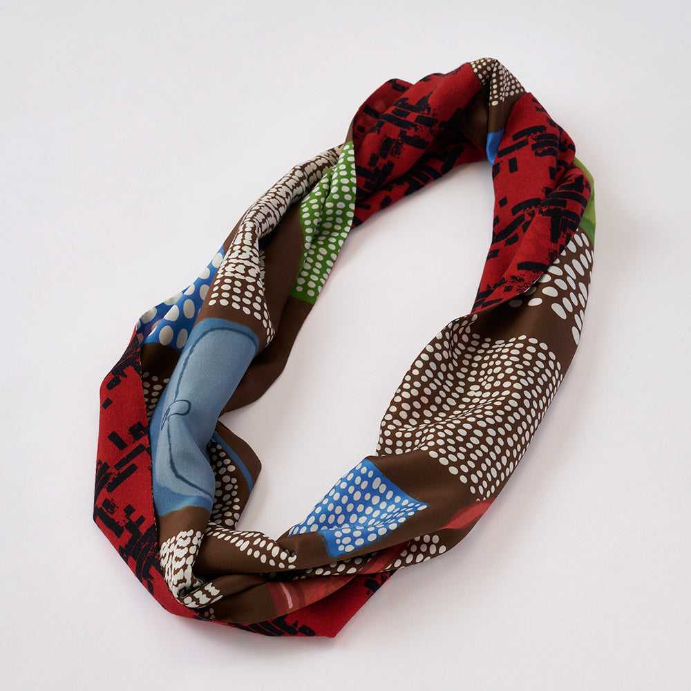 Japanese Printed Silk&MerinoWool 'Weekend Journey' brown x red ループスカーフ