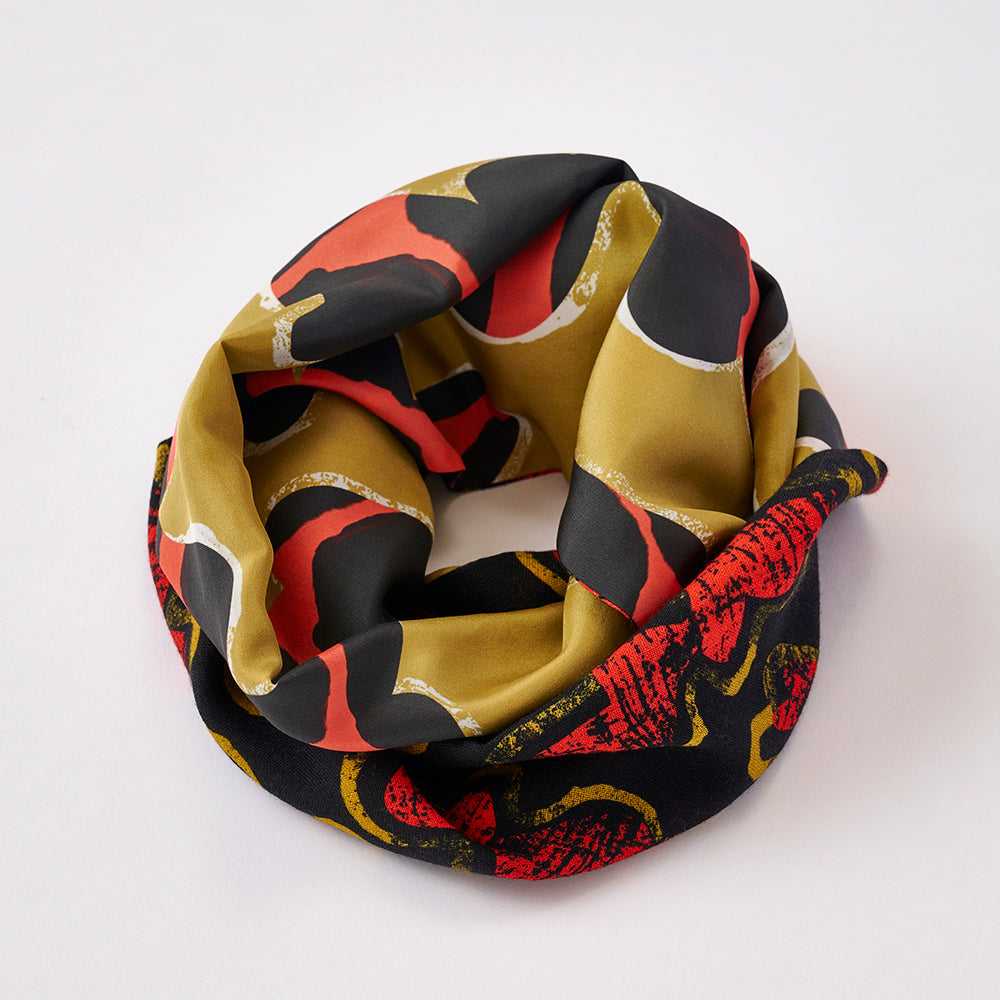 Japanese Printed Silk&Merino Wool 'Easy Sunday' mustard x red ループスカーフ