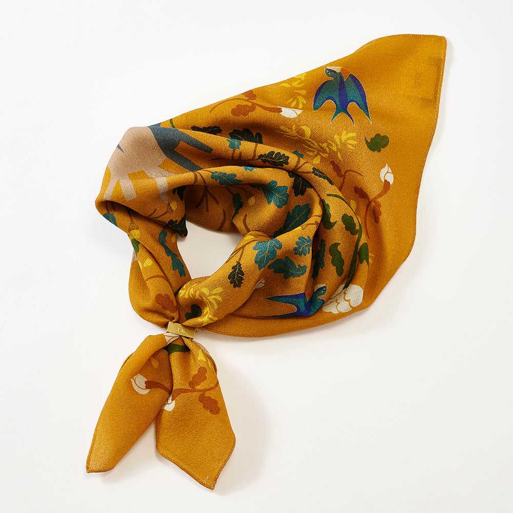 Japanese Merino Wool 'Acorn Tree' golden yellow リング付きミニスカーフ