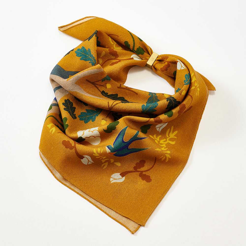 Japanese Merino Wool 'Acorn Tree' golden yellow リング付きミニスカーフ