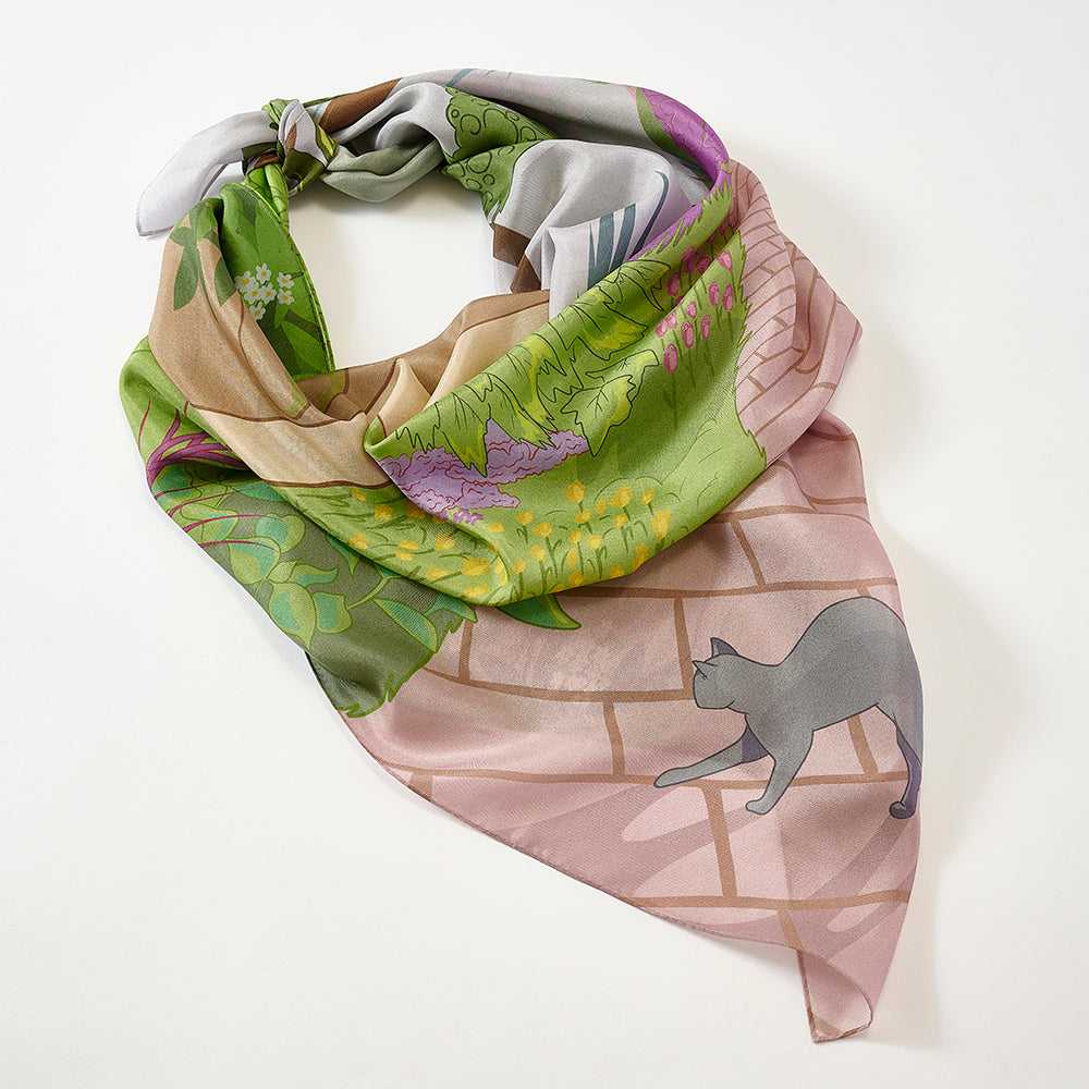 Japanese Printed Silk 'A Very English Garden' green 大判スカーフ 90x90cm