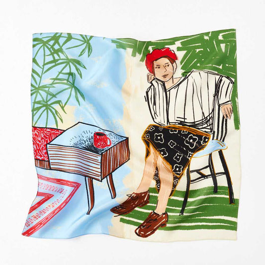 Japanese Printed Silk 'Cafe' blue/green リング付きミニスカーフ