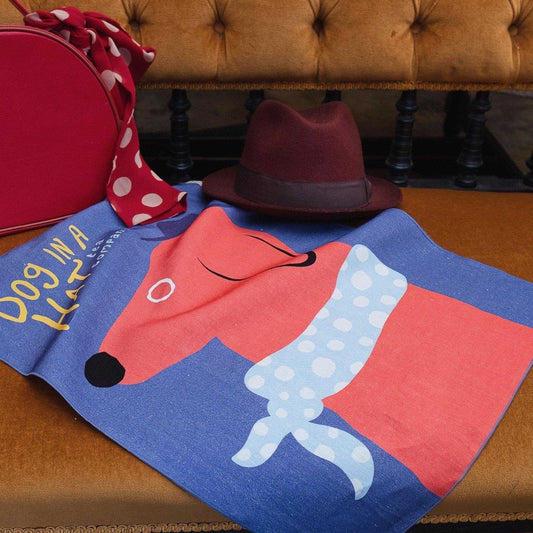再入荷!Japanese Linen 近江リネン キッチンタオル  ’Dog in Hat Tea’ Navy