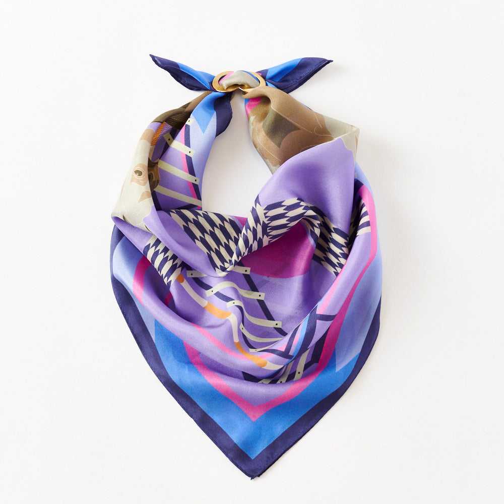 Japanese Printed Silk 'Today's Favorite' purple/blue リング付きミニスカーフ