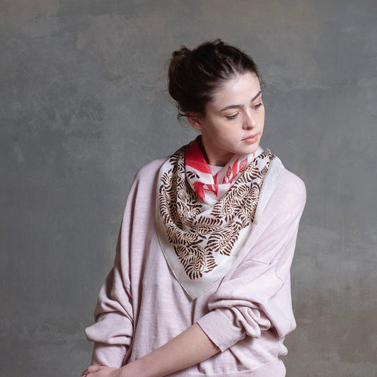 Japanese Printed Silk 'The Weaver's tale' light beige 大判スカーフ