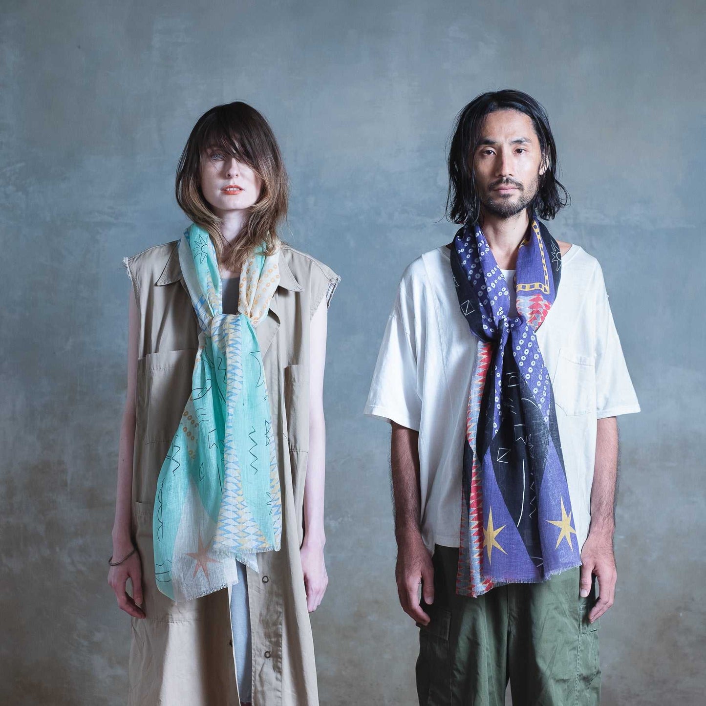 リネン Japanese Linen 'Moon And The Stars' navy ロングストール