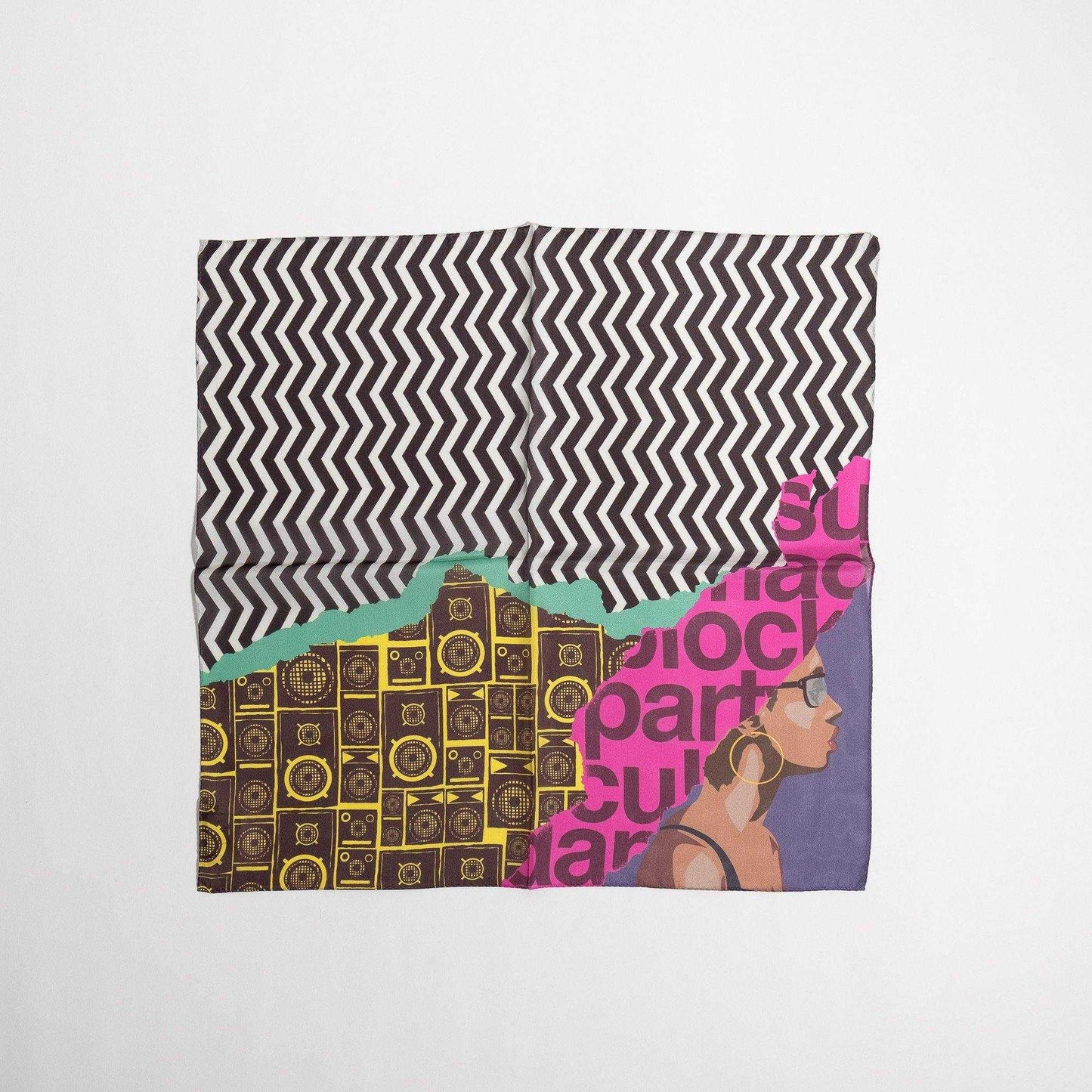 Japanese Printed Silk 'Block Party' black&white 8リング付きミニスカーフ