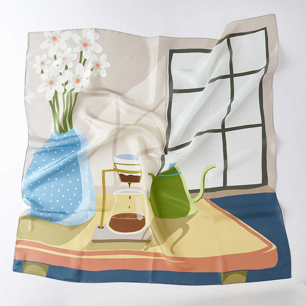 Japanese Printed Silk 'Morning Coffee' cream 大判スカーフ 90x90cm
