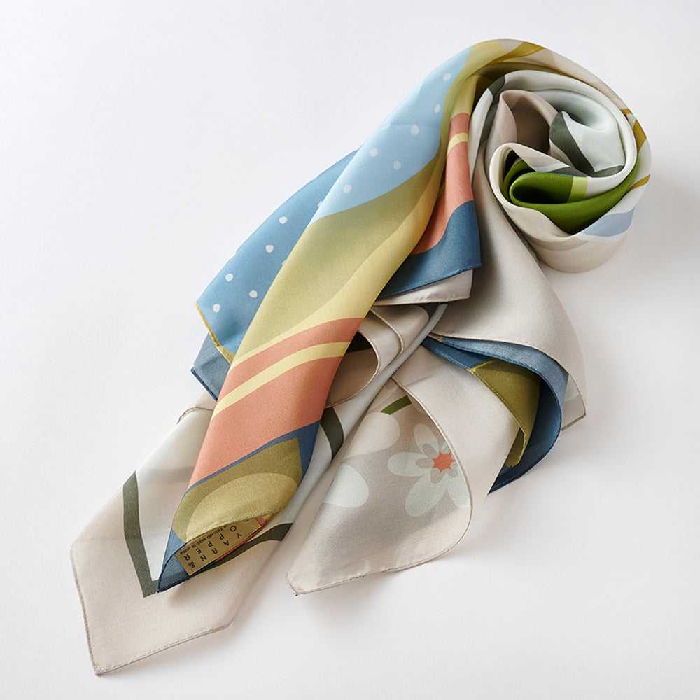 Japanese Printed Silk 'Morning Coffee' cream 大判スカーフ 90x90cm
