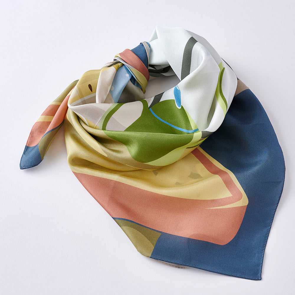 Japanese Printed Silk 'Morning Coffee' cream 大判スカーフ 90x90cm