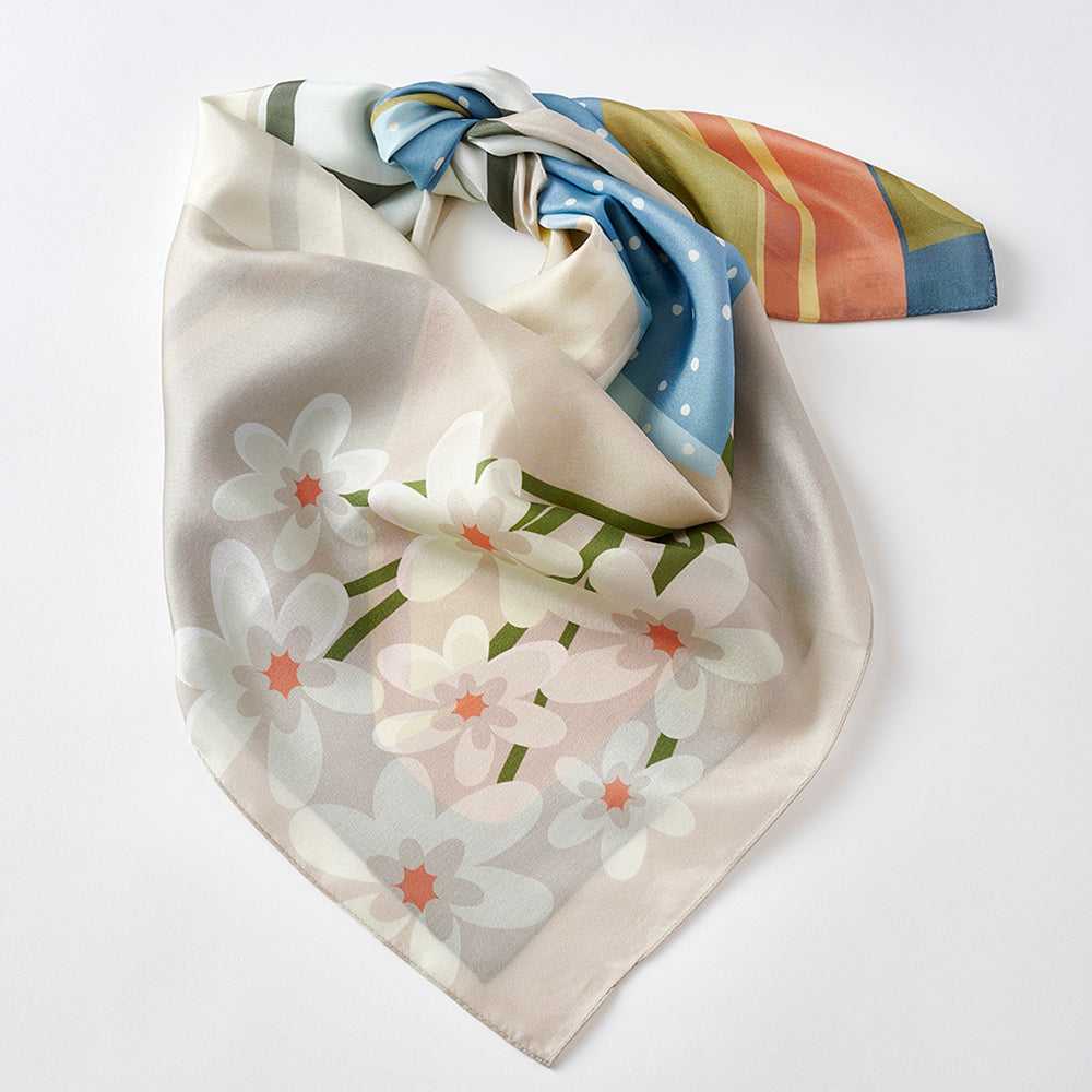 Japanese Printed Silk 'Morning Coffee' cream 大判スカーフ 90x90cm