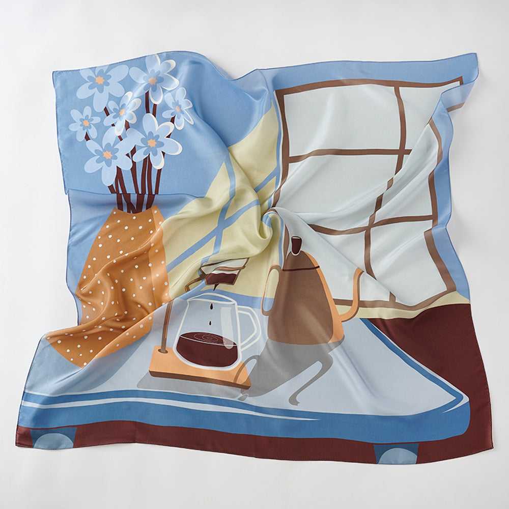 Japanese Printed Silk 'Morning Coffee' baby blue 大判スカーフ 90x90cm