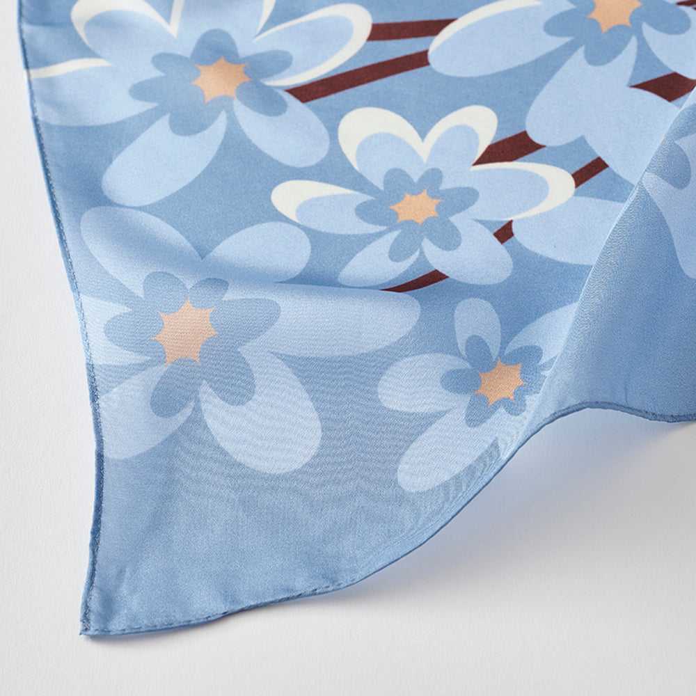 Japanese Printed Silk 'Morning Coffee' baby blue 大判スカーフ 90x90cm
