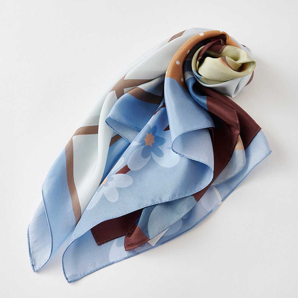 Japanese Printed Silk 'Morning Coffee' baby blue 大判スカーフ 90x90cm