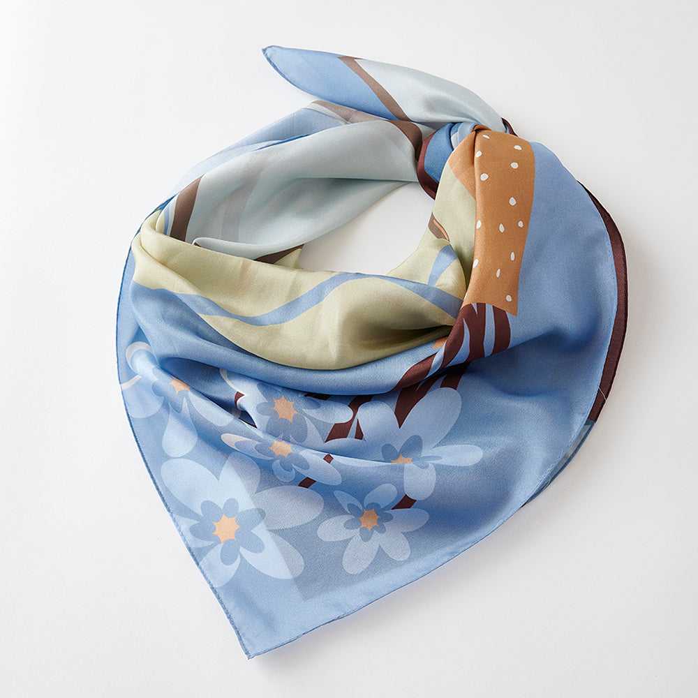 Japanese Printed Silk 'Morning Coffee' baby blue 大判スカーフ 90x90cm
